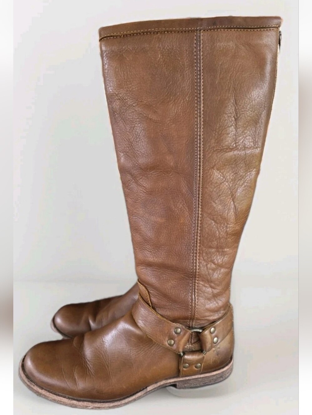Frye Phillip Harness Tall Boots Sz 6.5B Back Zip Cognac Brown